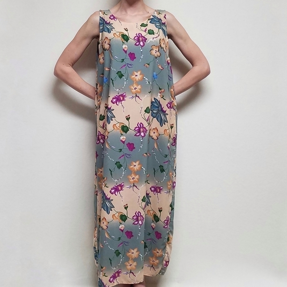Vintage 80s Limited Apparel Blue Tropical Floral Sleeveless Maxi Shift Dress L - Picture 2 of 16